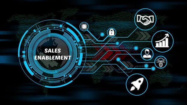 sales enablement digital ecosystem concept with smart technology, business icons and high-speed data network. 4k video animation on world map background. 