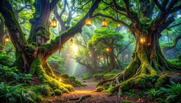 Enchanting forest scene with glowing lanterns and lush greenery