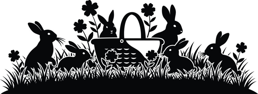 Black silhouette of rabbits and flowers in grass with a basket bunny hare