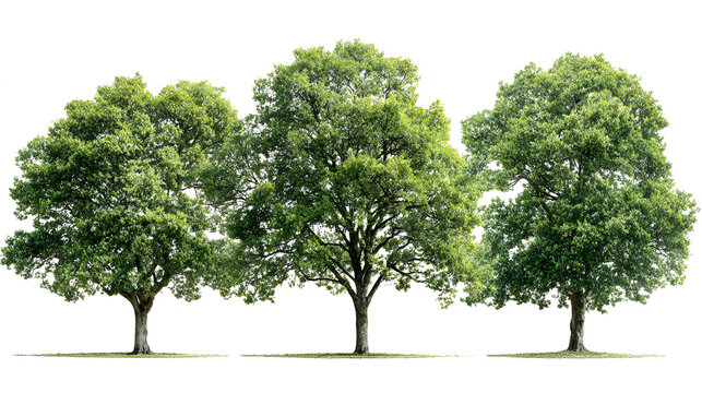 Set of 3 Quercus palustris (also called pin oak, swamp oak, or swamp Spanish oak) frontal set street trees isolated in sunny daylight on a white background background perfectly cutout 