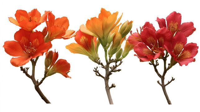 Set of 3 Spathodea campanulata (African Tulip Tree) isolated on a white background background perfectly cutout Stock Illustration