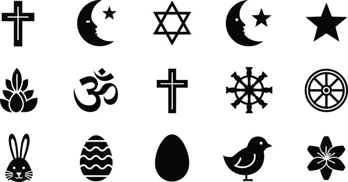 Black silhouettes of religious and symbolic on white background, including crosses, stars, moons, and easter symbols