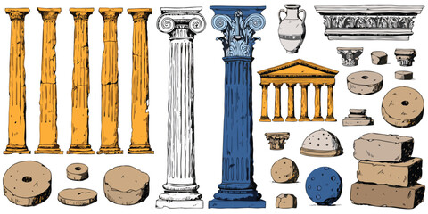 An antique wooden fence with a weathered door stands before a classical Greek temple featuring ancient marble columns and an ionic colonnade. © Shofikul islam
