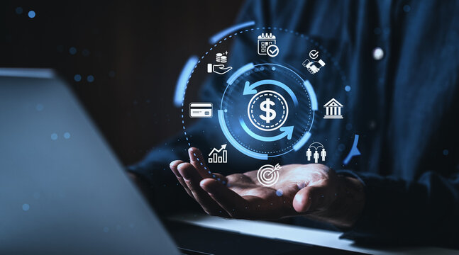 Digital finance icons floating above open hands representing modern business concept in a creative glowing interface background.
