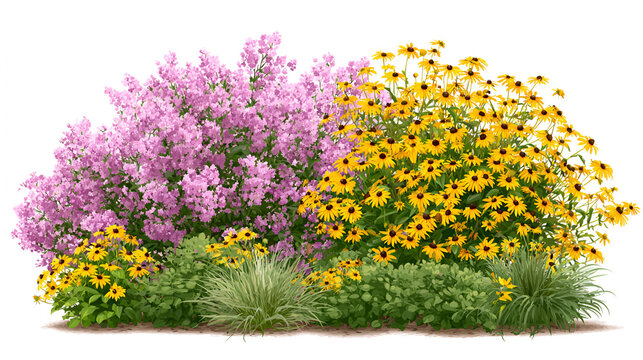 Set of Spiraea japonica and Rudbeckia laciniata flowering frontal isolated on a white background background perfectly cutout high resolution Stock Illustration