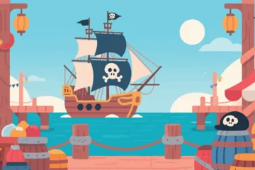 Handdoek met foto Piraten Cartoon pirate dock scene with ship, barrels, crates, and skull emblem hat.  © HardTeam