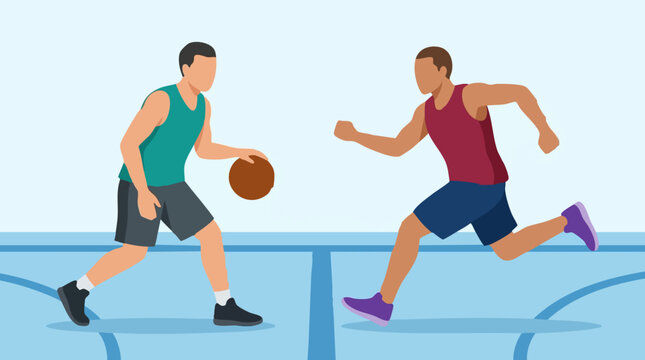 Two men playing basketball, dribbling and running on a court, vector illustration