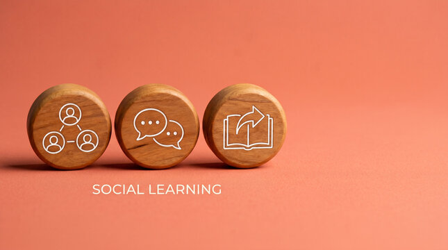Three warm wood discs with connected-people, speech-bubble, and shared-book icons on a warm coral background for social and peer learning concepts.