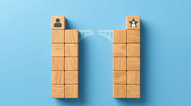 Two wooden cube towers with a gap between them and a bridge-building icon on a clean sky-blue background for skill gap analysis and workforce upskilling.