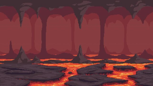 Pixel art volcanic cave with flowing lava rivers and bubbling magma animation loop. Retro game background for fantasy, danger, heat, underworld and adventure concepts.