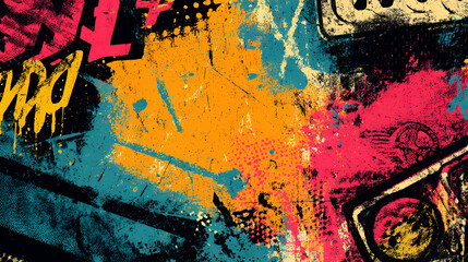 Fototapeta premium Urban punk textures with neon graffiti and distressed grunge background, featuring rough spray paint, scratch marks, and a halftone dot pattern for a vintage poster. Music and street style design.
