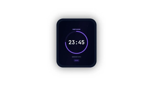 Productivity app interface with deep work countdown timer and circular progress bar for time management