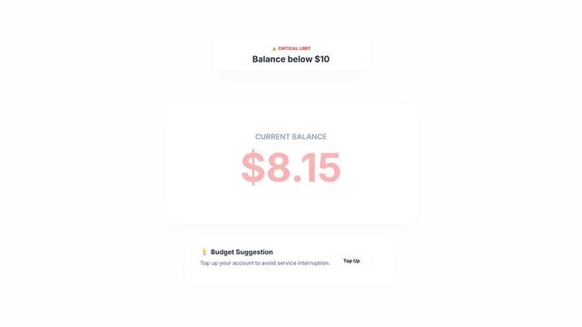 Financial app notification displaying low balance alert with budget suggestion and account top up button