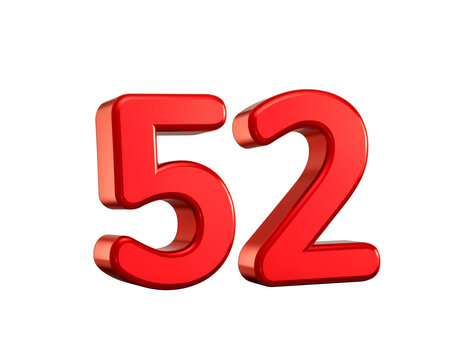 Shiny red number fifty two with rounded edges and polished 3D surface, 3d illustration