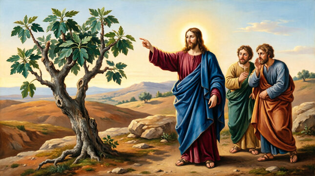 Elegant painting of Jesus cursing the fig tree near Bethany in sacred art.