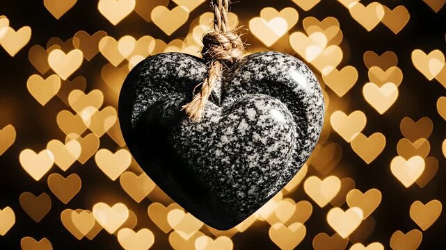 Coraz&oacute;n de granito suspendido con cuerda r&uacute;stica y fondo bokeh de corazones dorados. Concepto de amor incondicional para D&iacute;a de la Madre, San Valent&iacute;n y celebraciones rom&aacute;nticas.