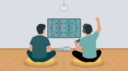 Two friends playing football video game on TV at home © Drawingbox