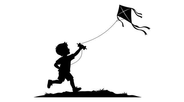 child flying black and white kite in grassy field minimalist silhouette illustration