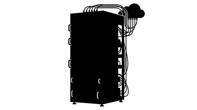 black electric guitar amplifier with cables isolated on white background minimal setup