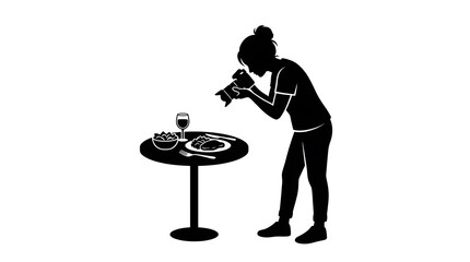 silhouette of person checking phone at dining table with plates and glass in dim lighting © MDNAZMUL