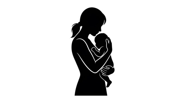 mother and baby silhouette in soft backlight holding embrace minimalist black and white illustration