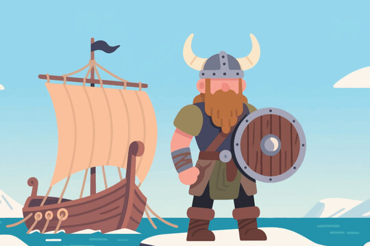 Cartoon Viking warrior with shield and ship in background near sea.