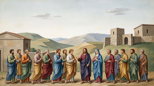 Elegant painting of Jesus journeying to Capernaum with Mary in sacred art.