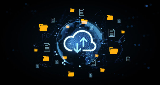 Cloud data transfer interface with glowing icons around digital globe in futuristic network concept illustration on dark blurred background. 3D Rendering