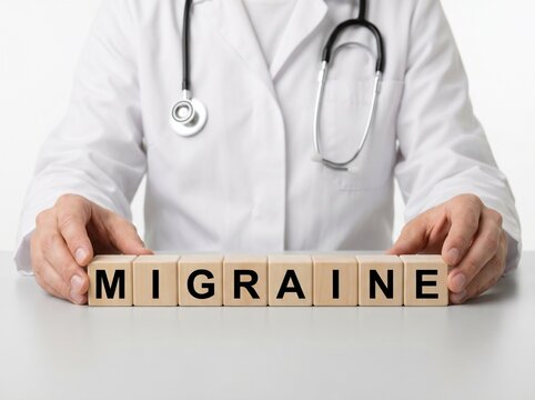 medical doctor with migraine wooden letter blocks on clinical desk representing headache disorder healthcare and awareness concept