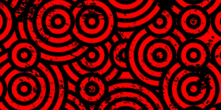 Energetic abstract background featuring vibrant red and black concentric circle patterns with a heavy distressed woodblock texture.