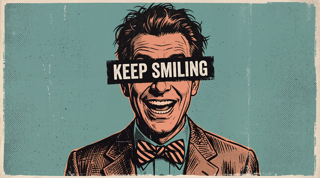 Forced positivity concept with smiling man and covered eyes poster artwork