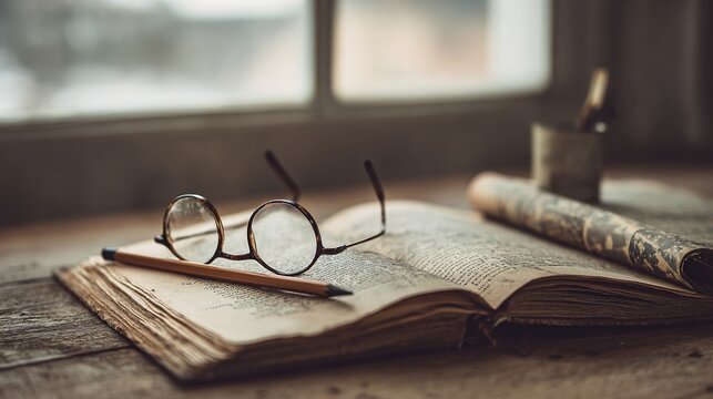 monograph. An open architecture book with spectacles and a pencil on a wooden desk in morning light. real-estate listings.