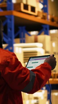 Vertical Video African american personnel scanning barcodes and shipment tags on tablet, checking AWB labels placed on cardboard boxes before delivery and transportation. Fulfillment center operations