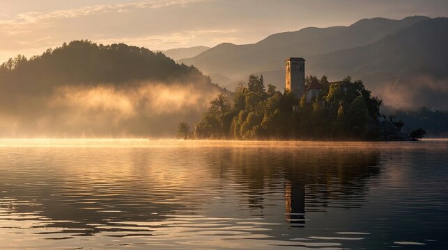 landmass. Ancient castle silhouette in morning mist over lake at golden hour. real-estate listings, architecture portfolios, designed for architectural facade and classical detail presentations.