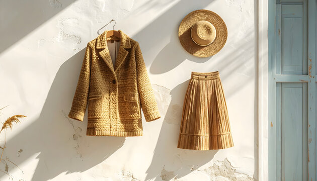 Jacket and skirt made of natural raffia hanging against a sun bleached wall featuring realistic braided textures and airy daylight generative AI