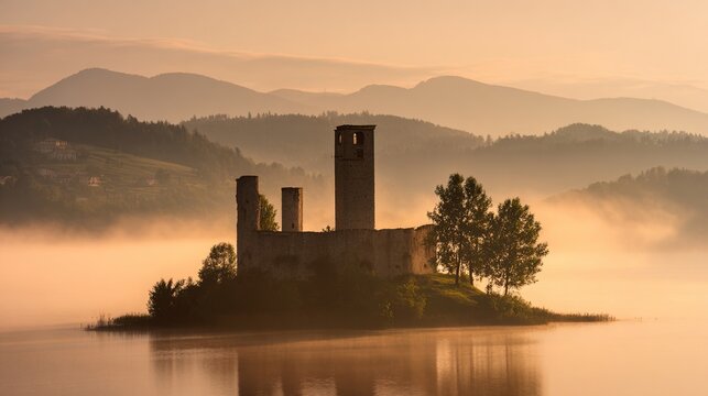 landmass. Ancient castle silhouette in morning mist over lake at golden hour. real-estate listings, architecture portfolios, designed for architectural facade and classical detail presentations.