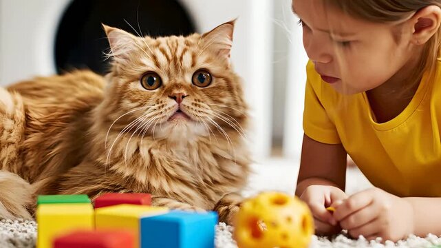 Ginger Persian cat and young girl playing with toy blocks at home. Sweet pet companionship and early childhood learning scene perfect for family-centric and pet brand marketing.