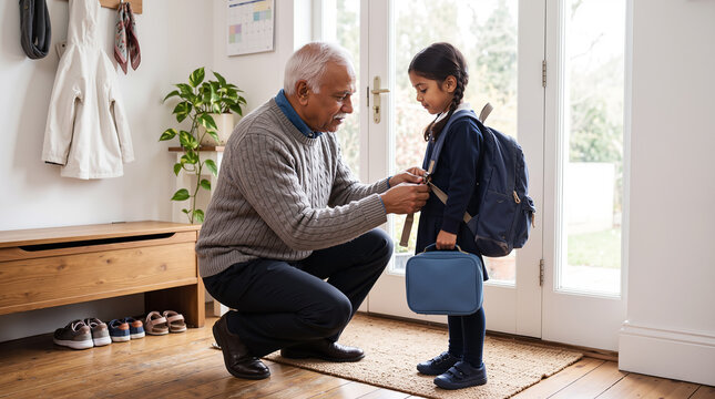 Grandfather with child and backpack at front door for school family care routine