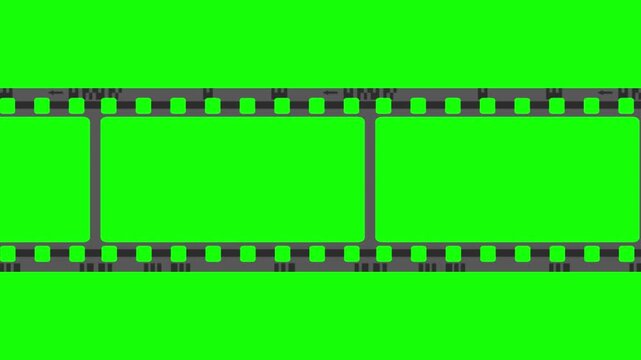 Animated film negative strip moving over a vibrant green screen backdrop, featuring sprocket holes, frame panels, and a smooth scrolling effect for motion design overlays.