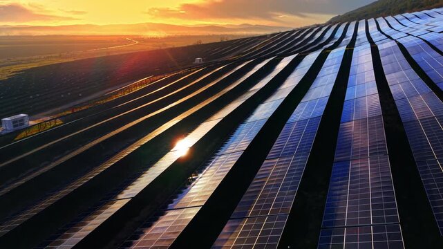 Aerial view of a solar power station during sunset, featuring sun flares reflecting off the photovoltaic panels. Solar power plant at sunset.