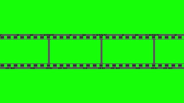 Scrolling animated film negative strip with sprocket holes and bordered frames, presented on a bright green screen background, ideal for compositing, transitions, and video effects.
