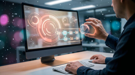 Obraz premium Businessman Holding Holographic Globe with Futuristic HUD Dashboard on Monitor Showing Circular Gauges and Folder Flowchart — Global Data Management and Digital Transformation Concept