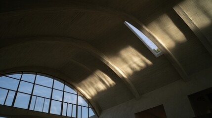 Fototapeta premium slit. Architectural interior with a long concrete vaulted ceiling and a beam of light. real-estate listings, architecture portfolios, designed for real-estate listing and luxury residence showcases.