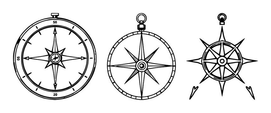 Compass set with black line art and white background featuring navigation, direction, cartography with symbols and gears, scale and compass rose
