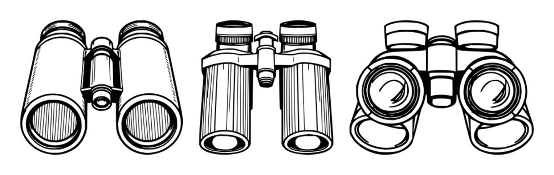 Binoculars set with black line art on white background featuring optical, grid lines, lens with viewfinder and eyepiece and glasses