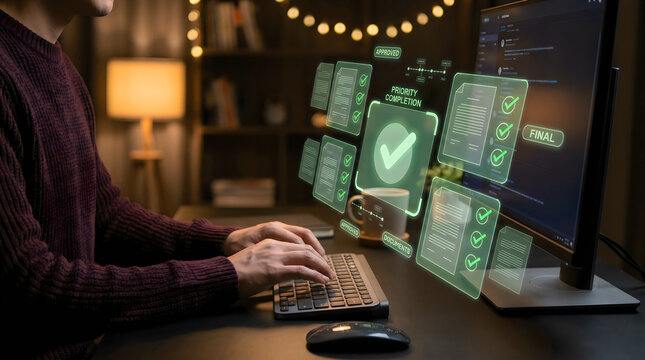 Man Typing at Keyboard with Holographic Document Approval Cards Showing Priority Completion Approved Final and Green Checkmarks &mdash; Digital Document Management Concept in Cozy Home Office