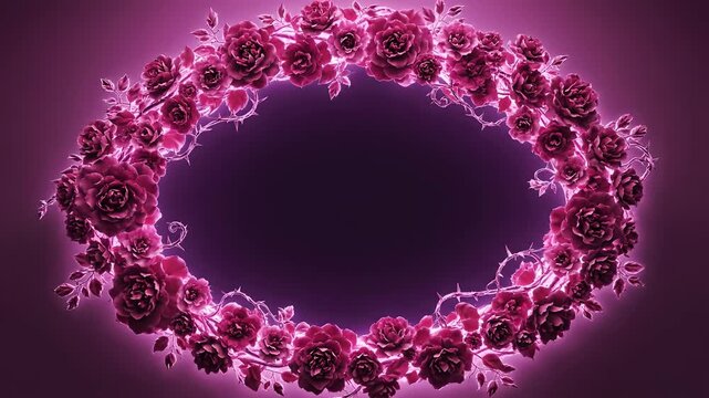 Glowing pink roses and thorny vines forming an elegant oval frame zoom out against a dark background. Perfect for Mother's Day, romantic announcements, or wedding visuals.