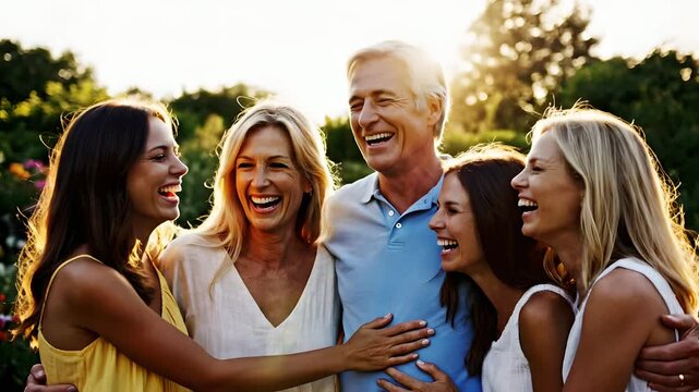 Familia multigeneracional celebrando el D&iacute;a de la Madre en un jard&iacute;n soleado, padres e hijas compartiendo risas y abrazos al atardecer, concepto de amor
