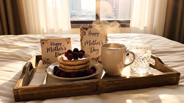 Desayuno en la cama para el D&iacute;a de la Madre con panqueques con moras, caf&eacute; caliente y tarjetas. Ambiente acogedor para campa&ntilde;as de marketing de regalos, hoteles y estilo de vida.