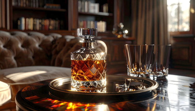 Glass decanter with amber liquid on a silver tray casting rainbow flares over a velvet chair in a dark study generative AI